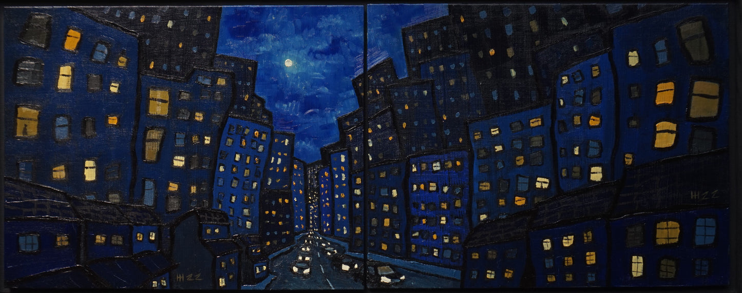 Coming into Tokyo-  28x71cm  / Oil painting on canvas panels (Diptych)