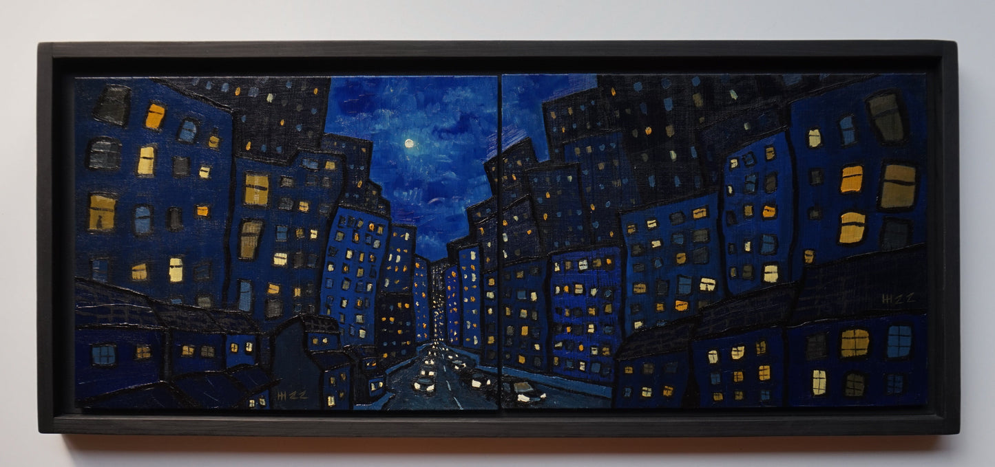 Coming into Tokyo-  28x71cm  / Oil painting on canvas panels (Diptych)